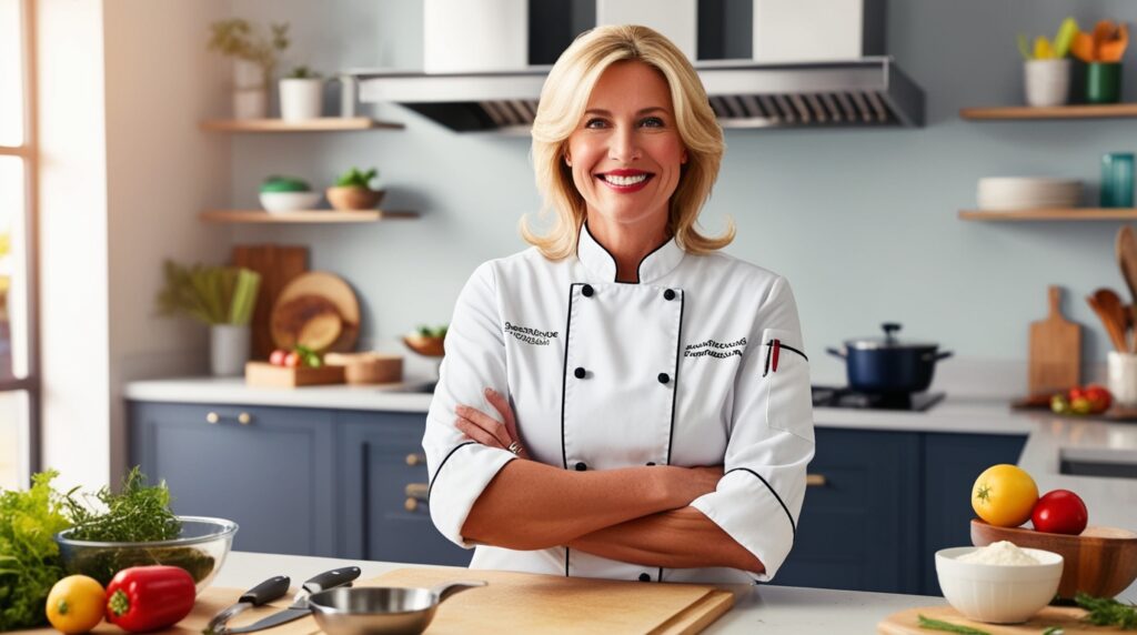 Amanda in her kitchen, smiling and surrounded by kitchen utensils