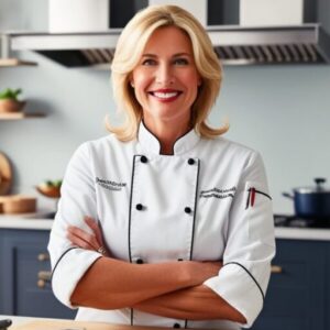 Amanda in her kitchen, smiling and surrounded by kitchen utensils