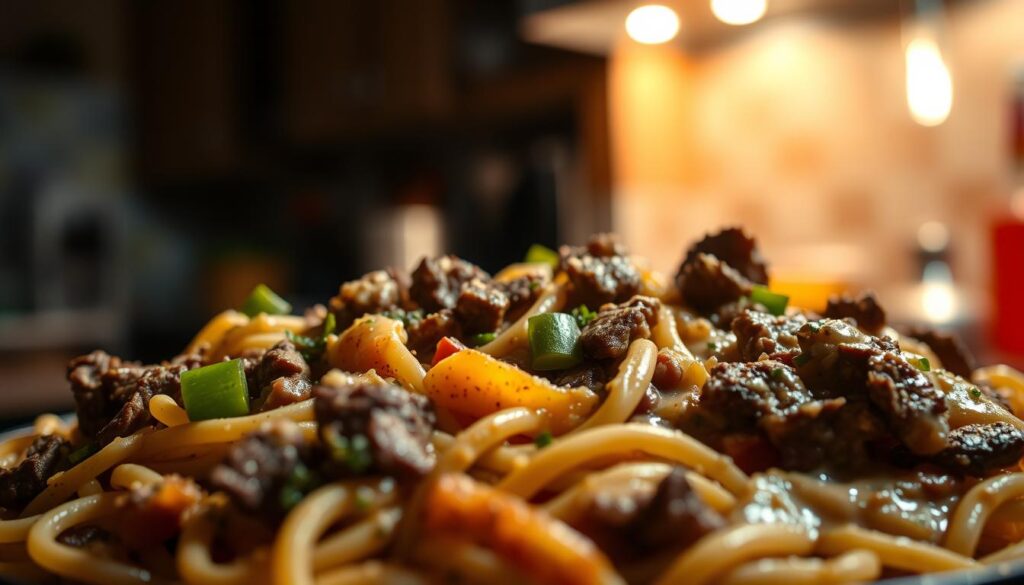 Philly Cheesesteak Pasta Dish