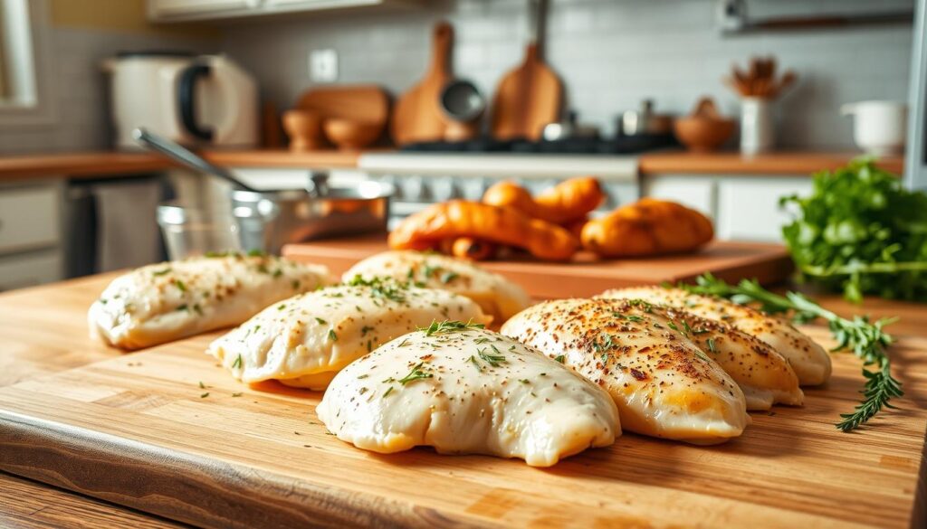 Four pieces of chicken breast on a table with kitchen tools, surrounded by easy chicken breast recipes, on a vibrant yellow surface